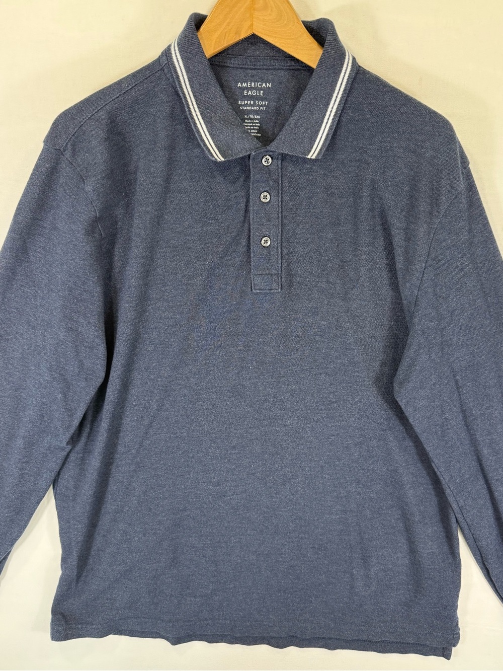 American Eagle Outfitters Navy Long-Sleeve Polo with Striped Collar